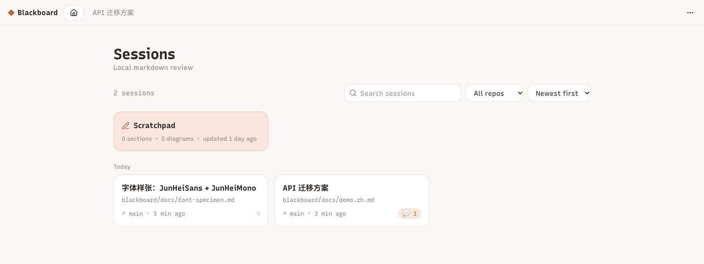Blackboard 首页：Scratchpad 卡片和会话卡片，显示仓库路径、分支和未解决评论数